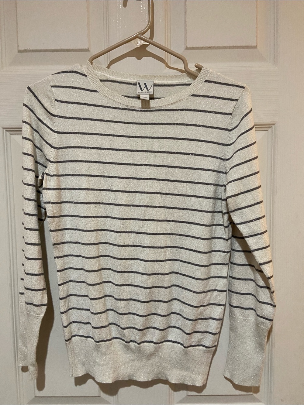 Worthington Cream Crewneck Sweater with Black Stripes